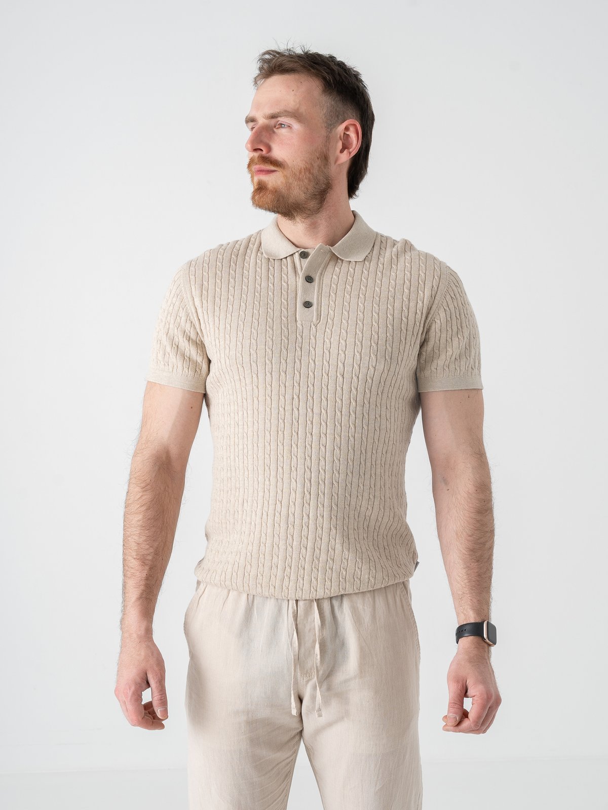 Jack and Jones Emil Knit Cable Polo Short Sleeve Oatmeal Melange