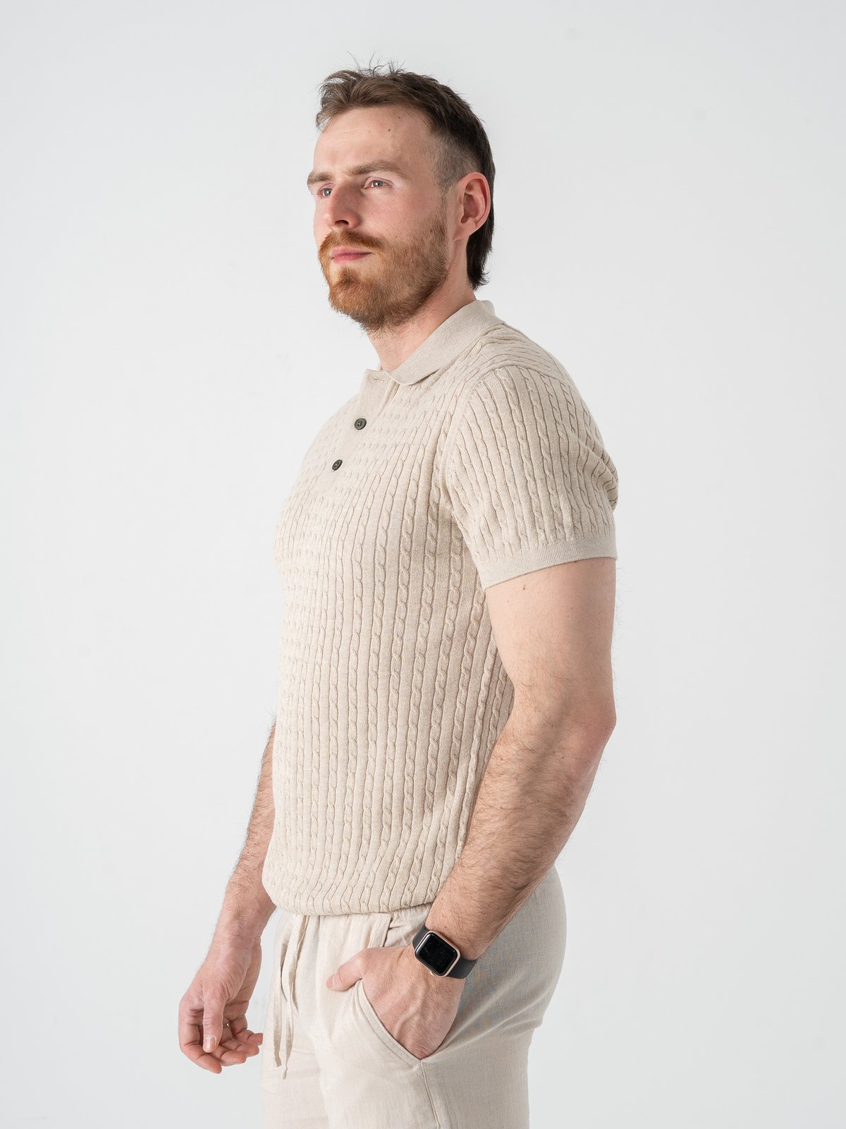 Jack and Jones Emil Knit Cable Polo Short Sleeve Oatmeal Melange