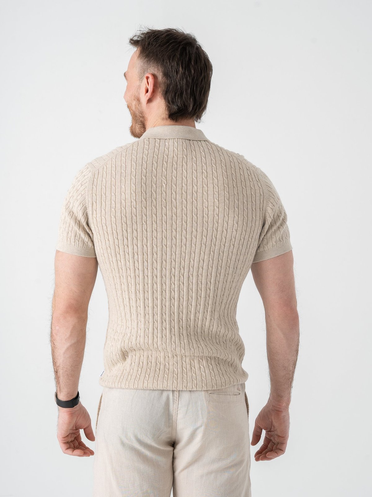 Jack and Jones Emil Knit Cable Polo Short Sleeve Oatmeal Melange
