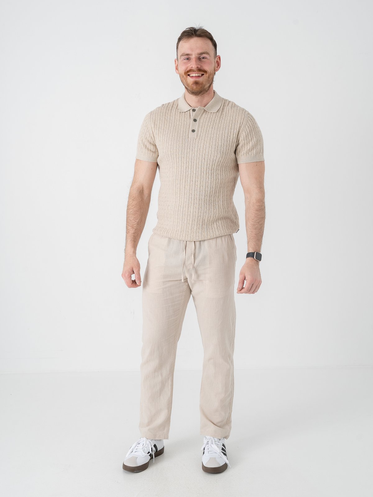 Jack and Jones Emil Knit Cable Polo Short Sleeve Oatmeal Melange