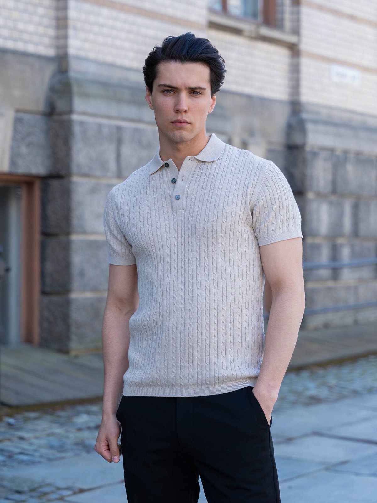 Jack and Jones Emil Knit Cable Polo Short Sleeve Oatmeal Melange