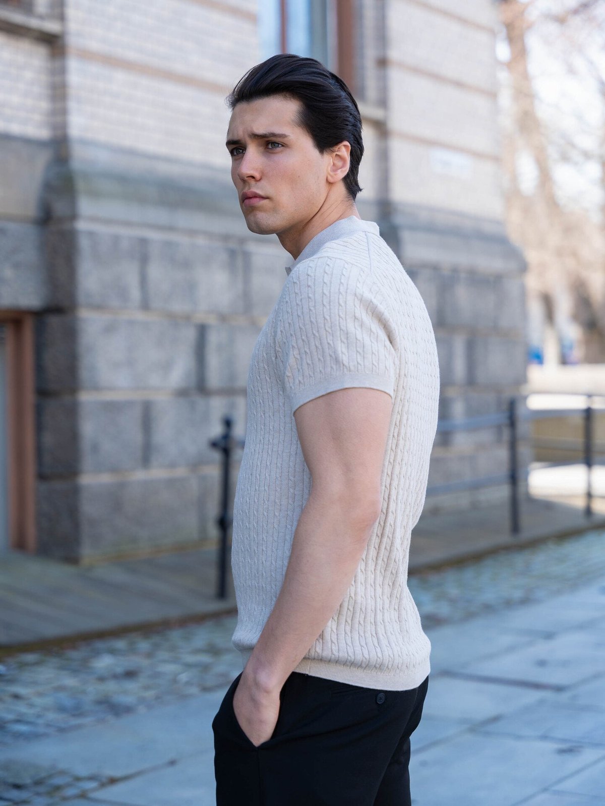 Jack and Jones Emil Knit Cable Polo Short Sleeve Oatmeal Melange