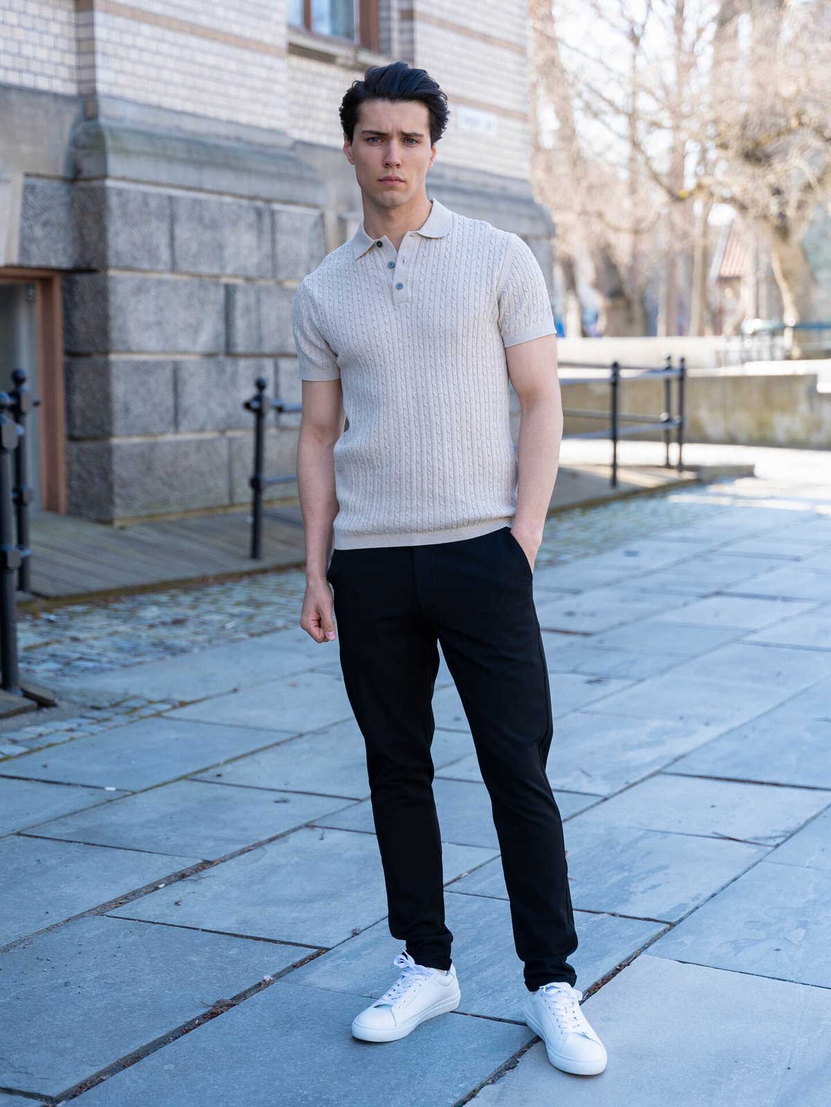 Jack and Jones Emil Knit Cable Polo Short Sleeve Oatmeal Melange