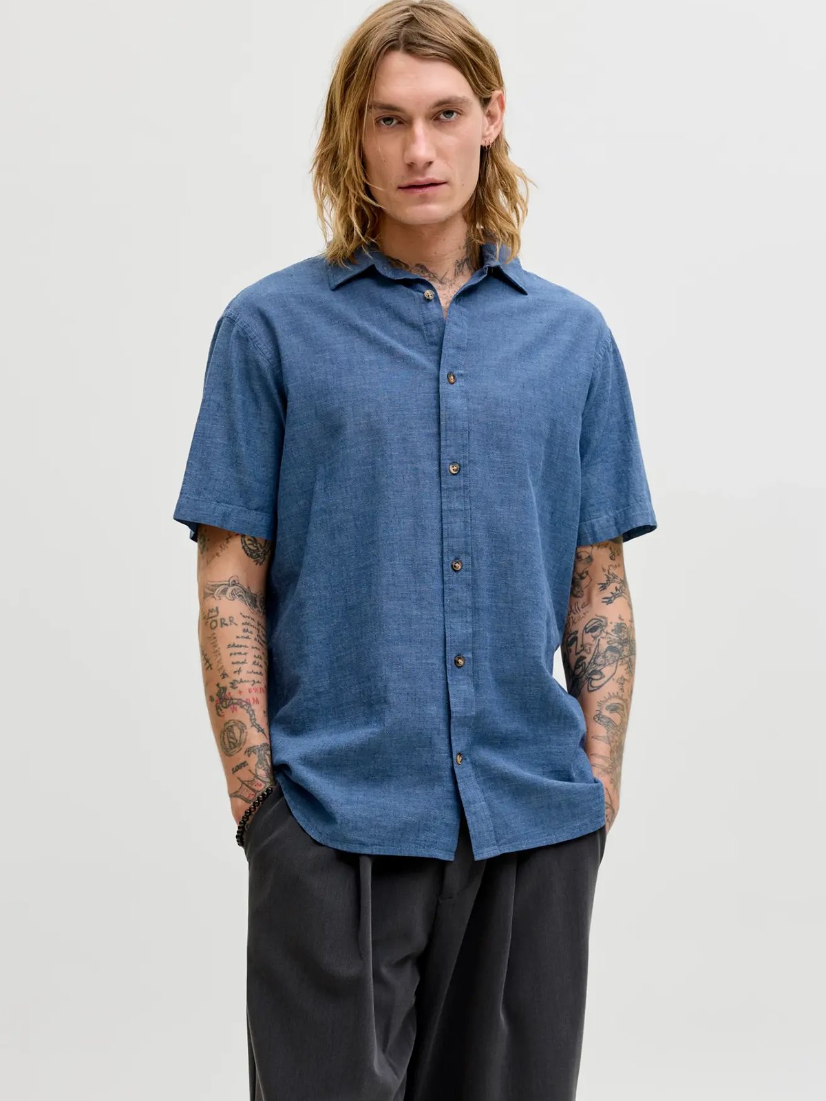 Jack and Jones Summer Linen Blend Shirt Short Sleeve Navy Blazer