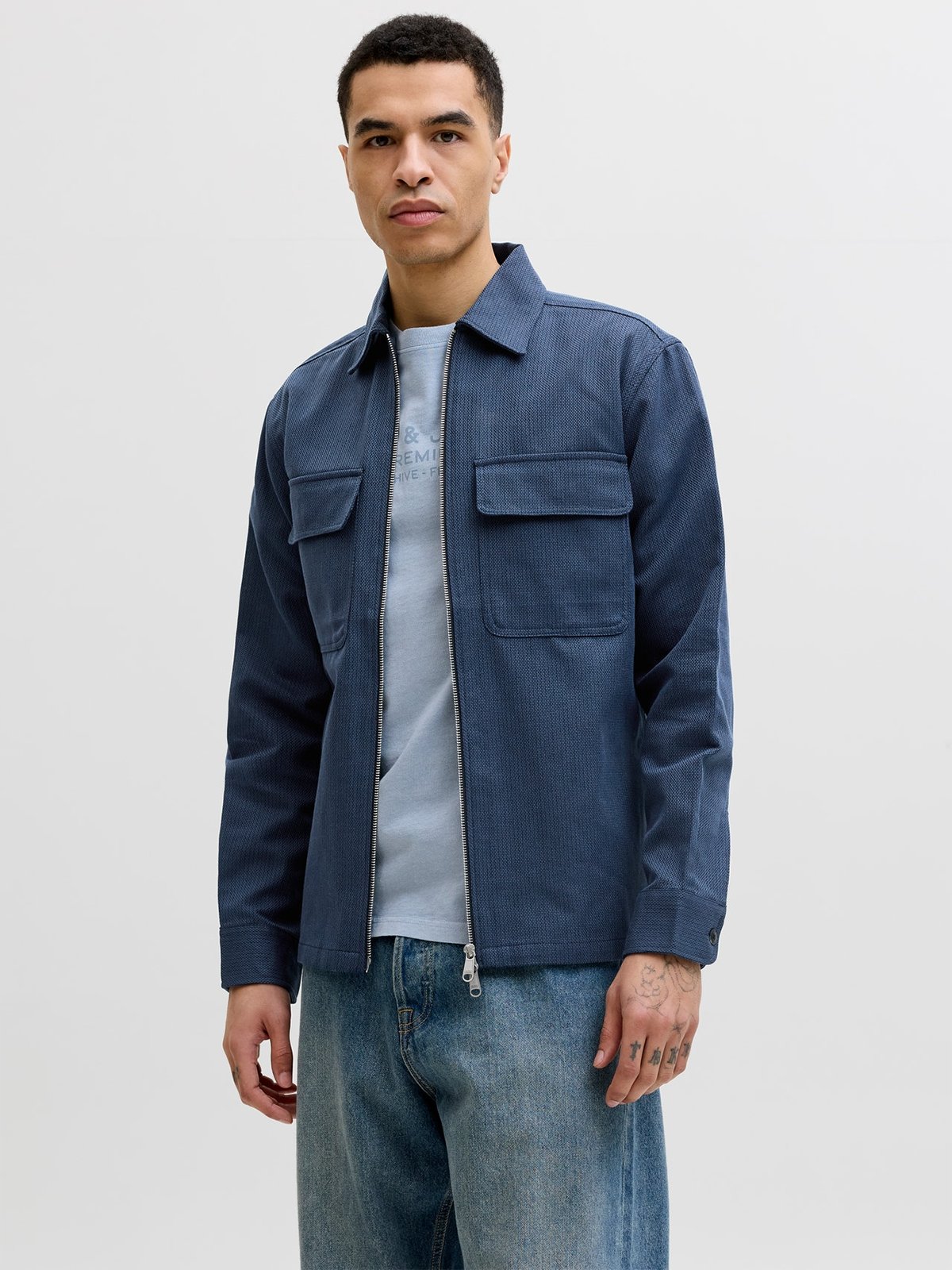 Jack and Jones Rayle Linen Blend Zip Long Sleeve Shirt Sky Captain