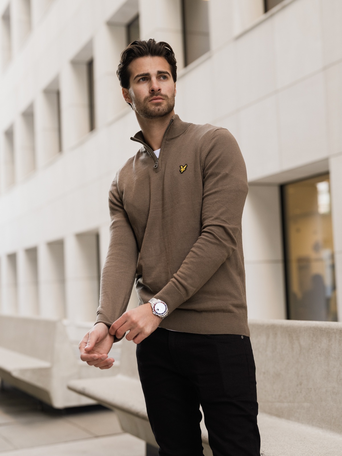 Lyle & Scott Cotton Merino Quarter Zip Jumper Khaki Ash