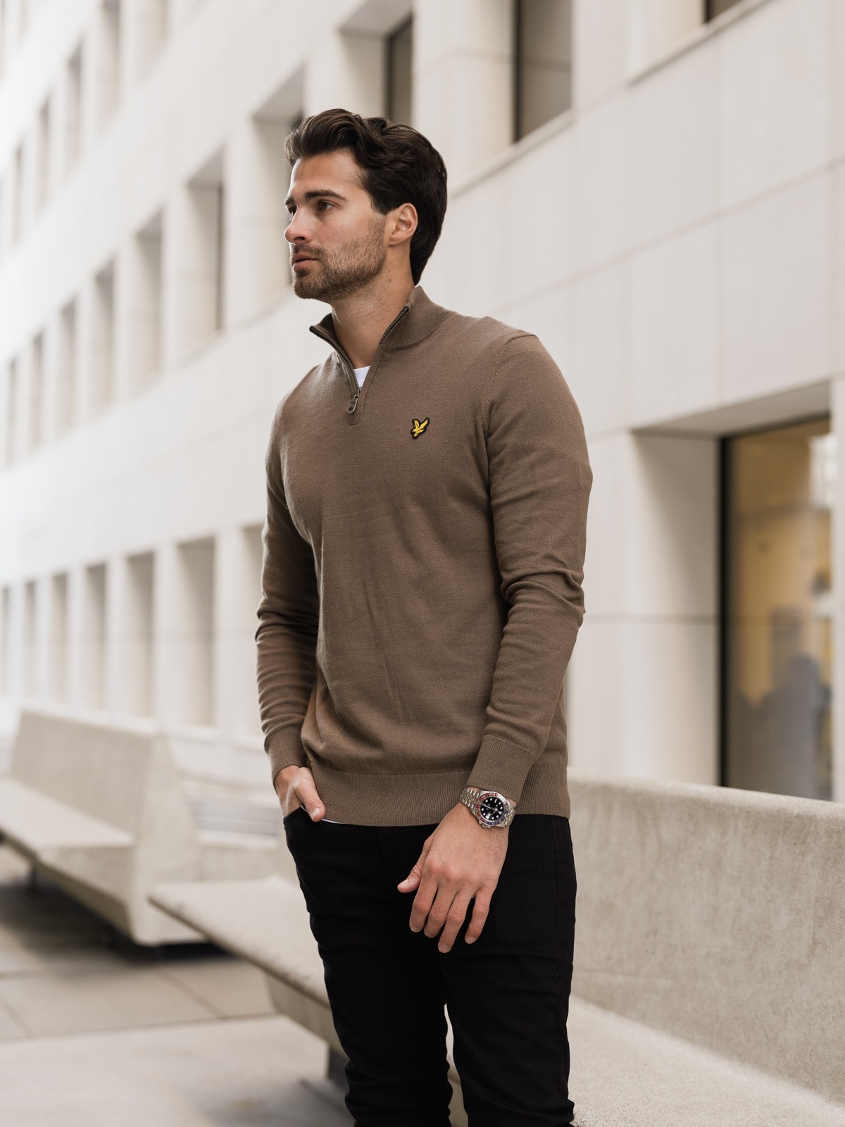 Lyle & Scott Cotton Merino Quarter Zip Jumper Khaki Ash