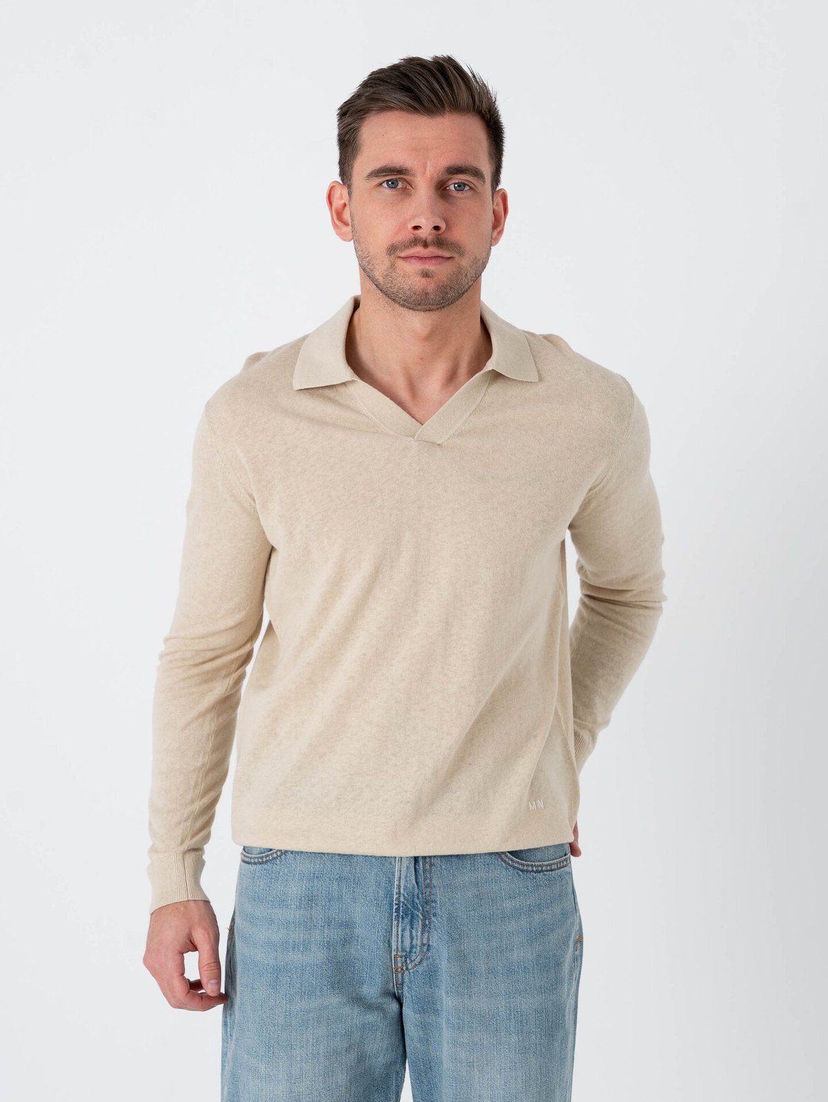 Mads Nørgaard Cotton Lino Theo Polo Long Sleeve Knit Castle Wall