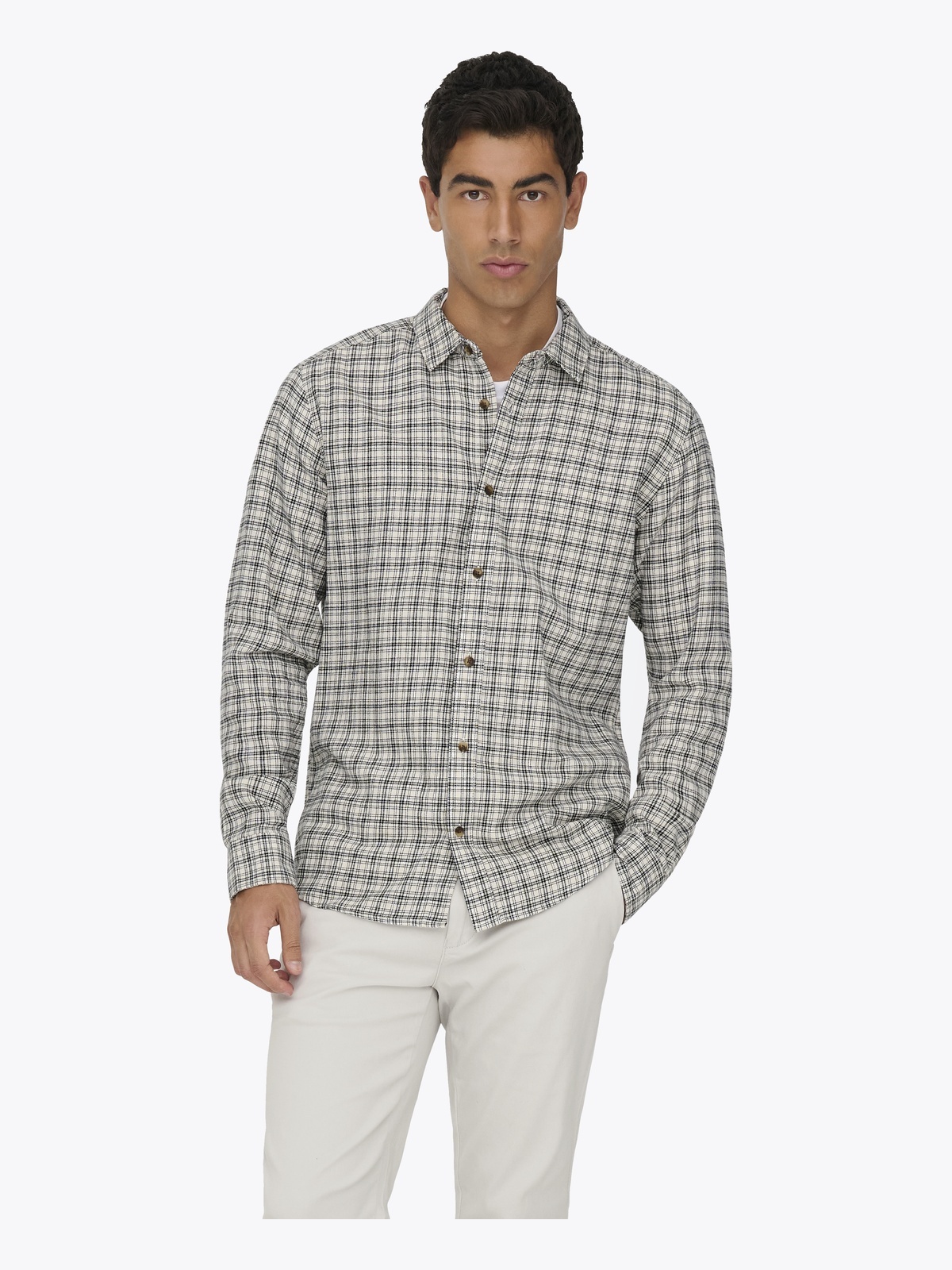 Only & Sons Gudmund Long Sleeve Checked Shirt Egret JET BLACK