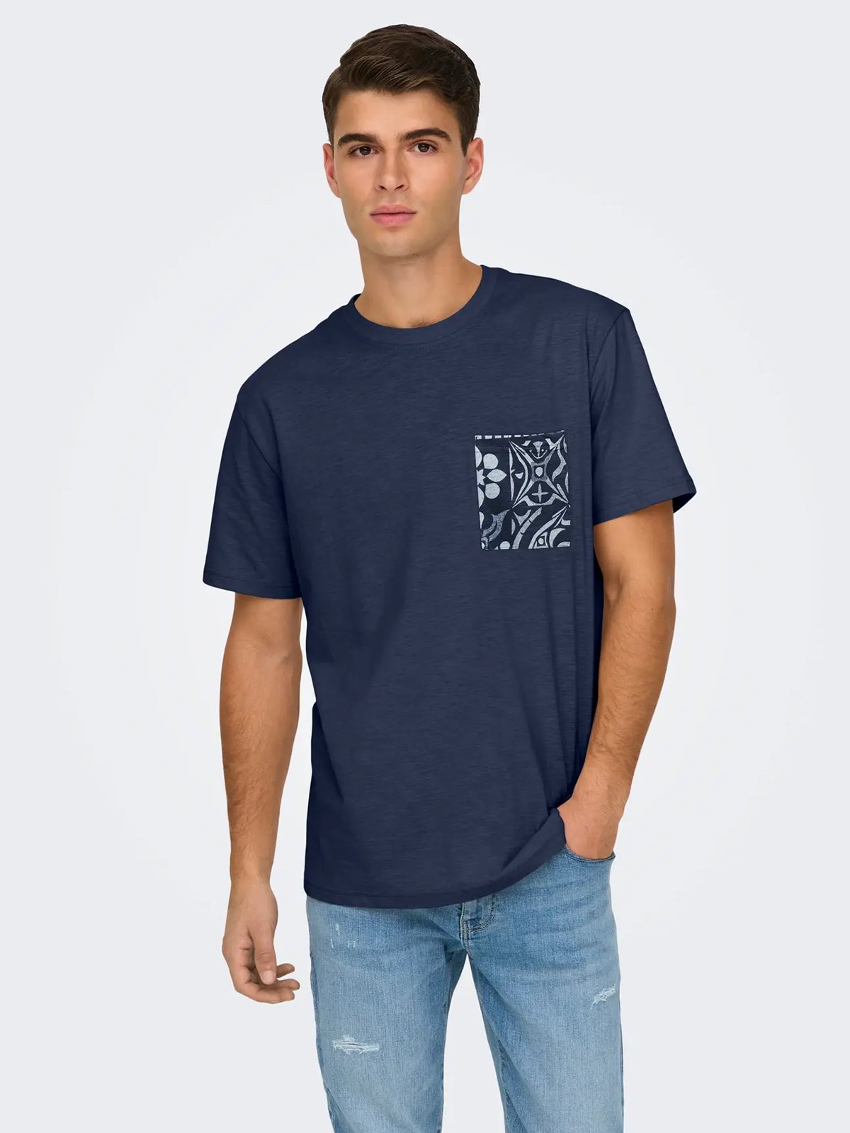 Only & Sons Perry Life Reg Leaf Short Sleeve Pocket Tee Blue Nights Skyway