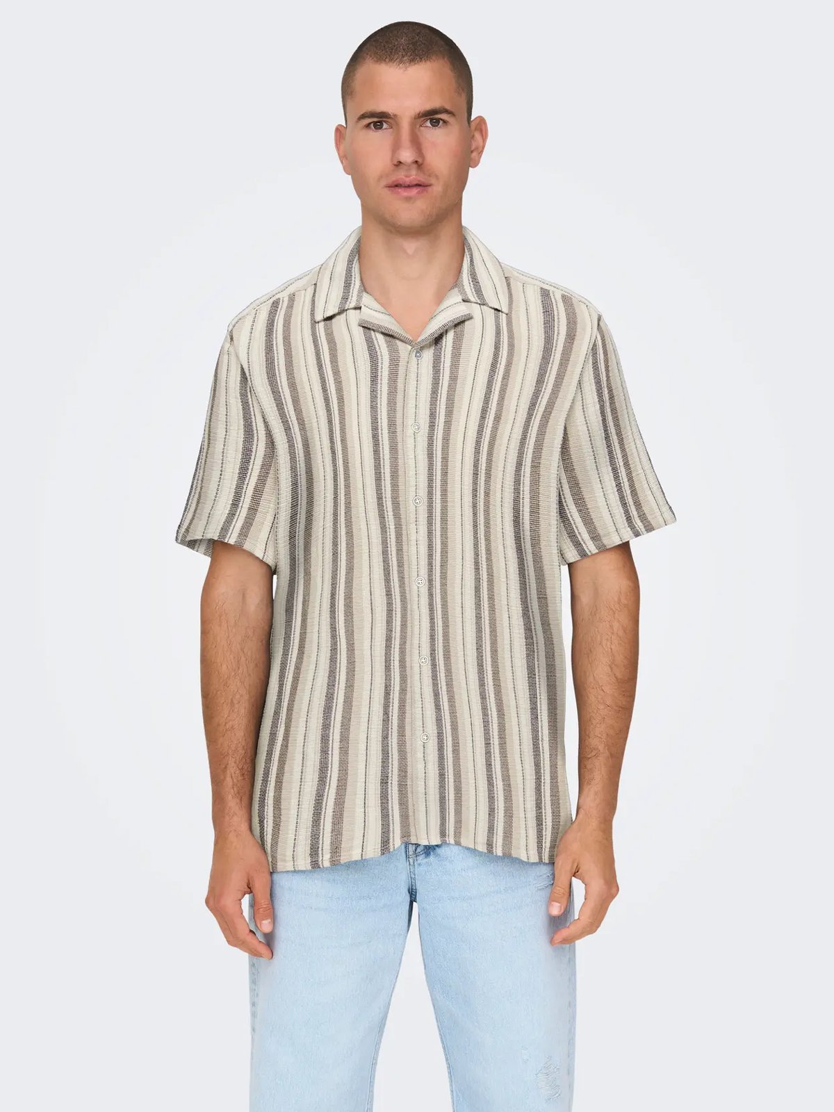Only & Sons Trev Life Structure Stripe Short Sleeve Shirt Gardenia Coffe Bean / Teak / Irish Cream
