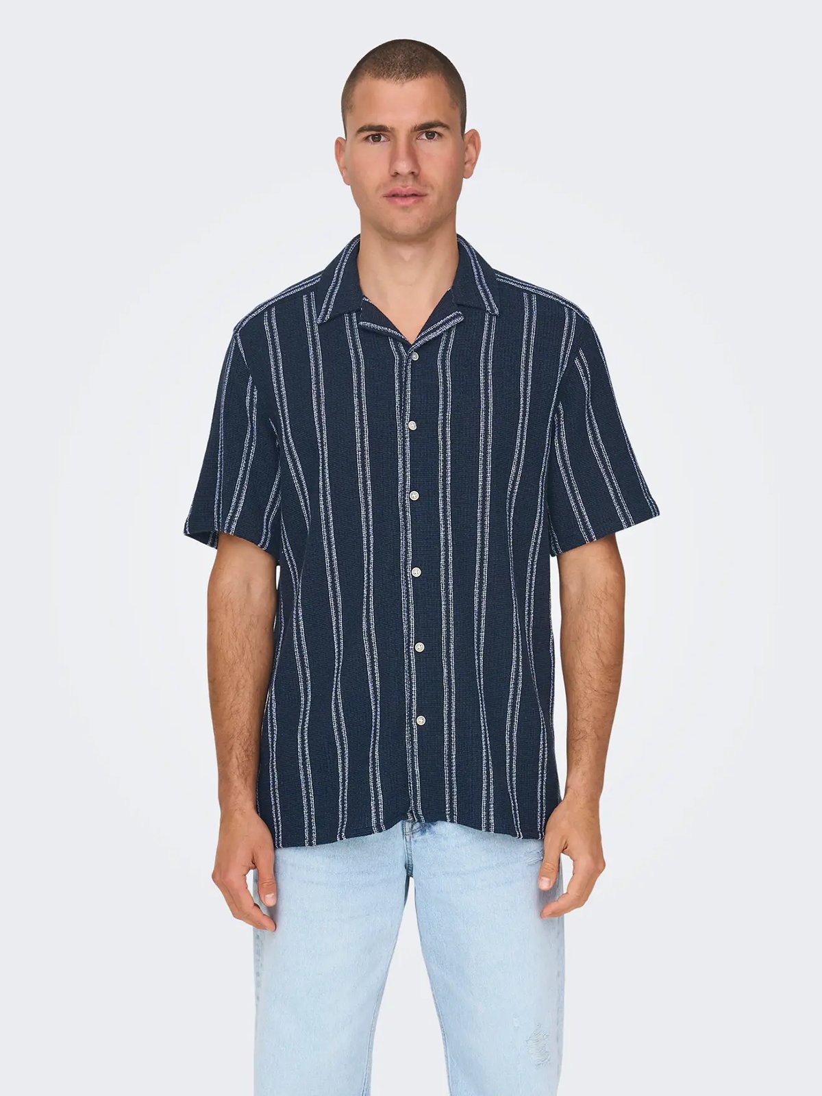 Only & Sons Trev Life Structure Stripe Short Sleeve Shirt Dark Navy