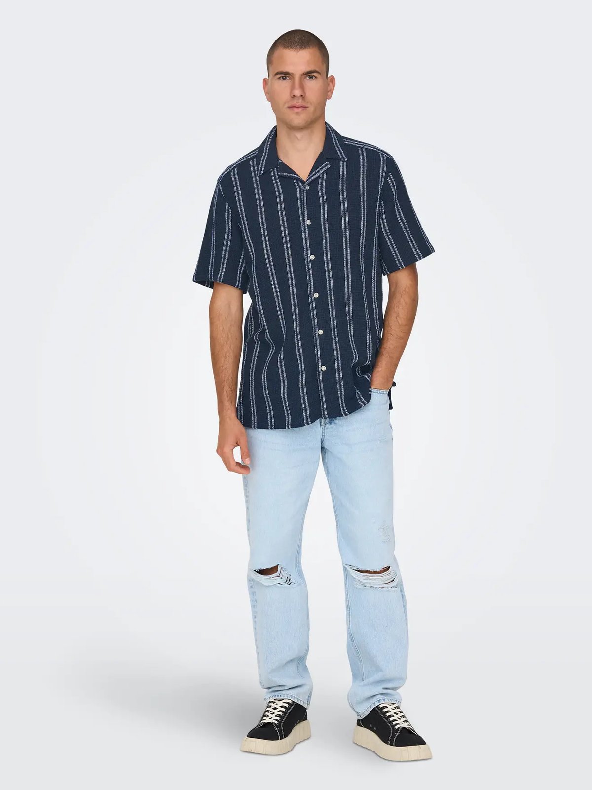 Only & Sons Trev Life Structure Stripe Short Sleeve Shirt Dark Navy
