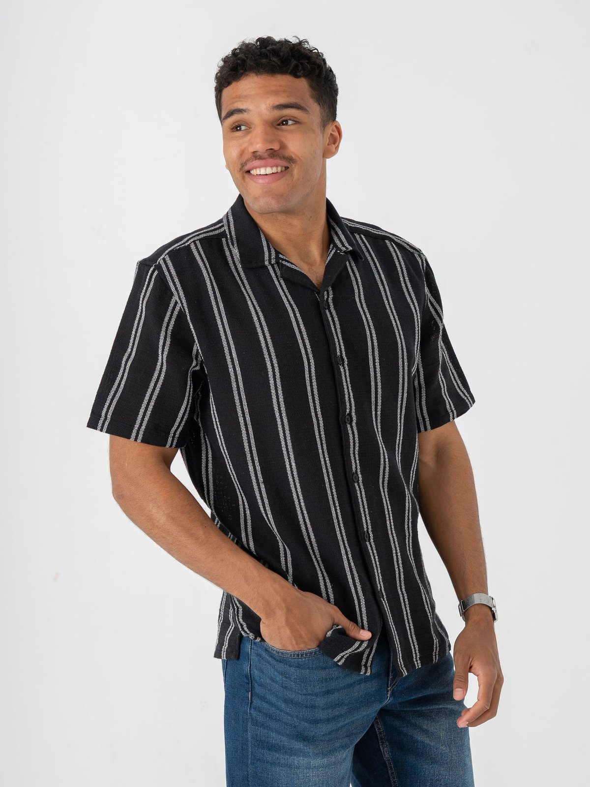 Only & Sons Trev Life Structure Stripe Short Sleeve Shirt Dark Navy
