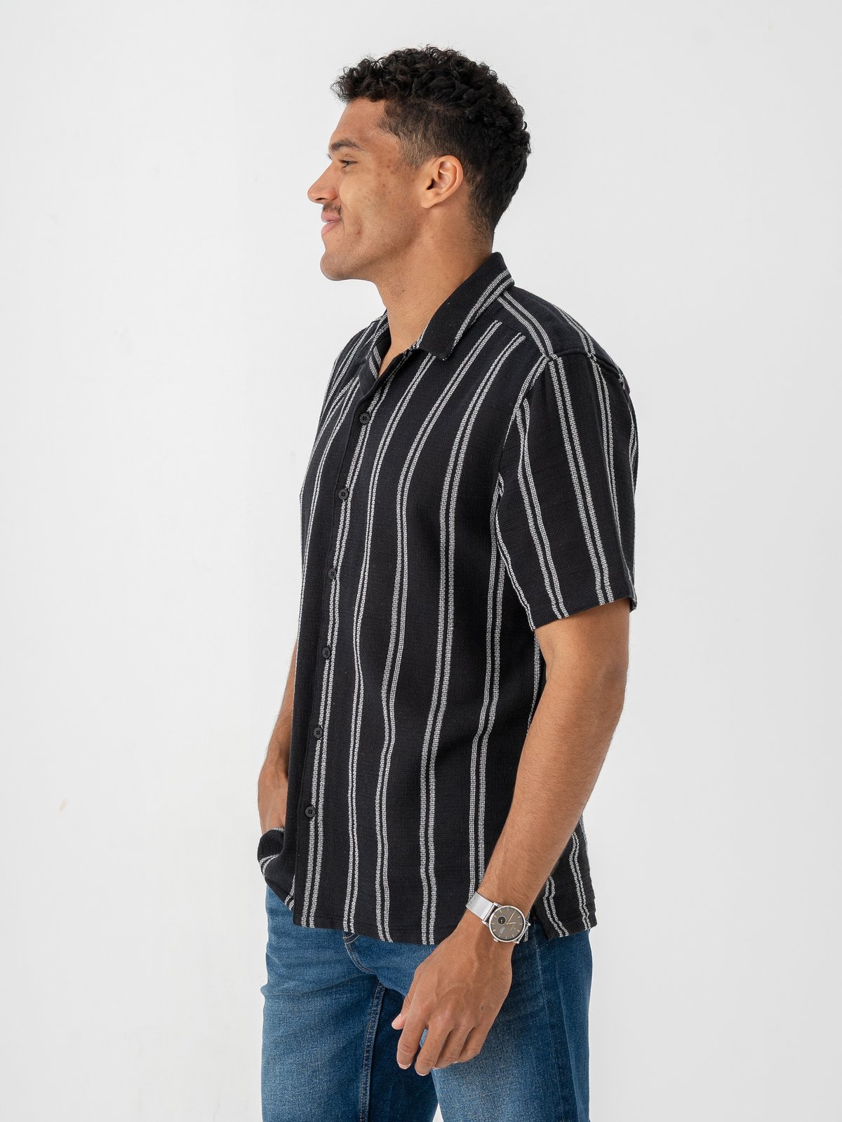 Only & Sons Trev Life Structure Stripe Short Sleeve Shirt Dark Navy