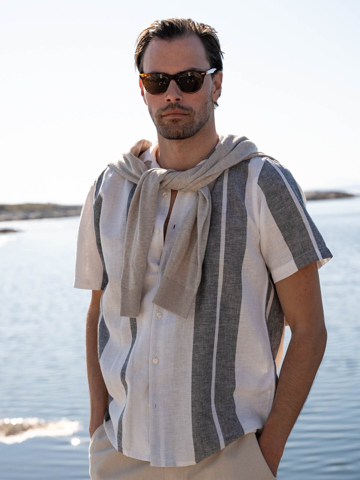 Only & Sons Caiden Short Sleeve Stripe Linen Resort Cloud Dancer