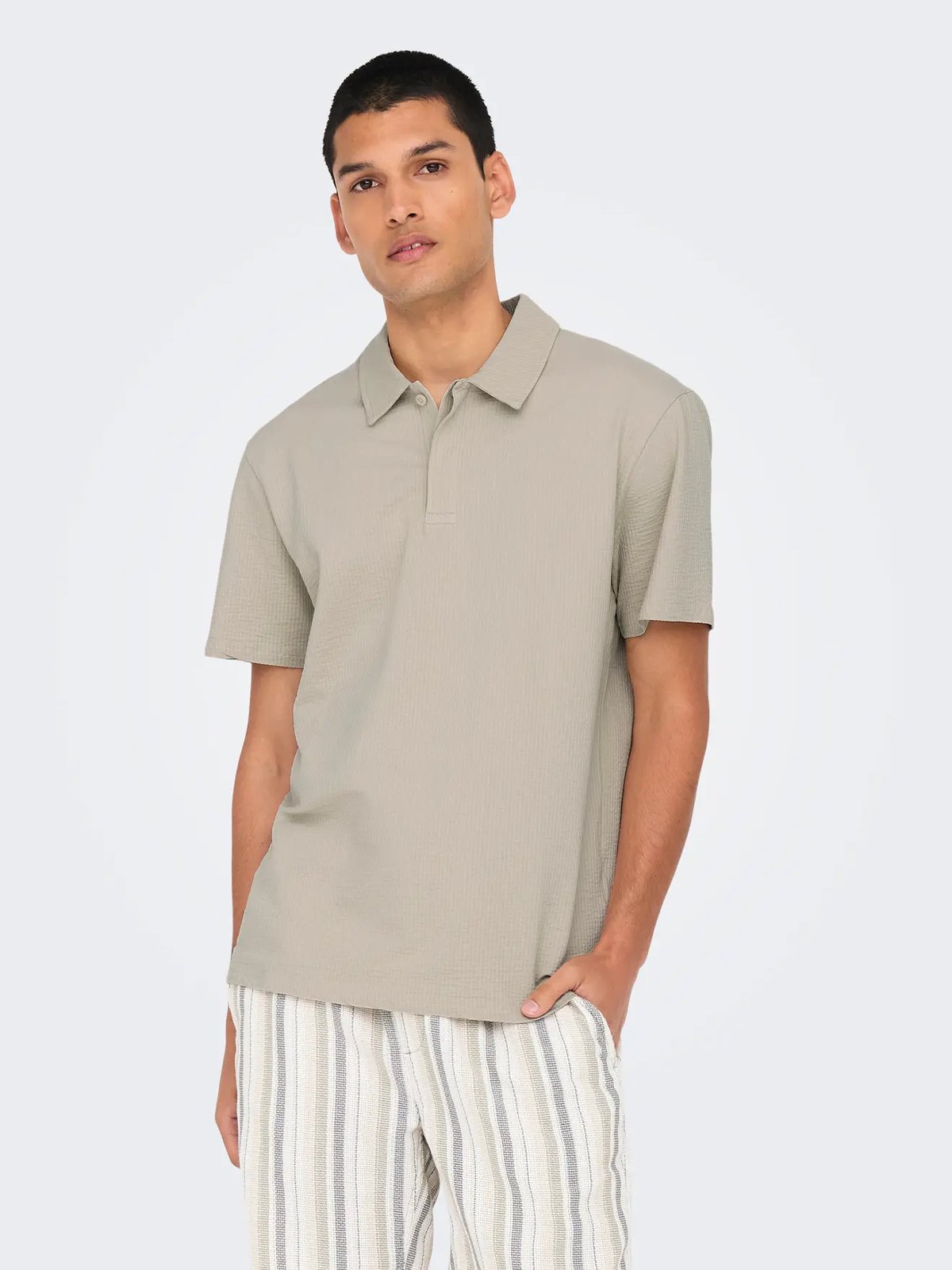 Only & Sons Kian Life Regular Seersucker Short Sleeve Polo Silver Lining