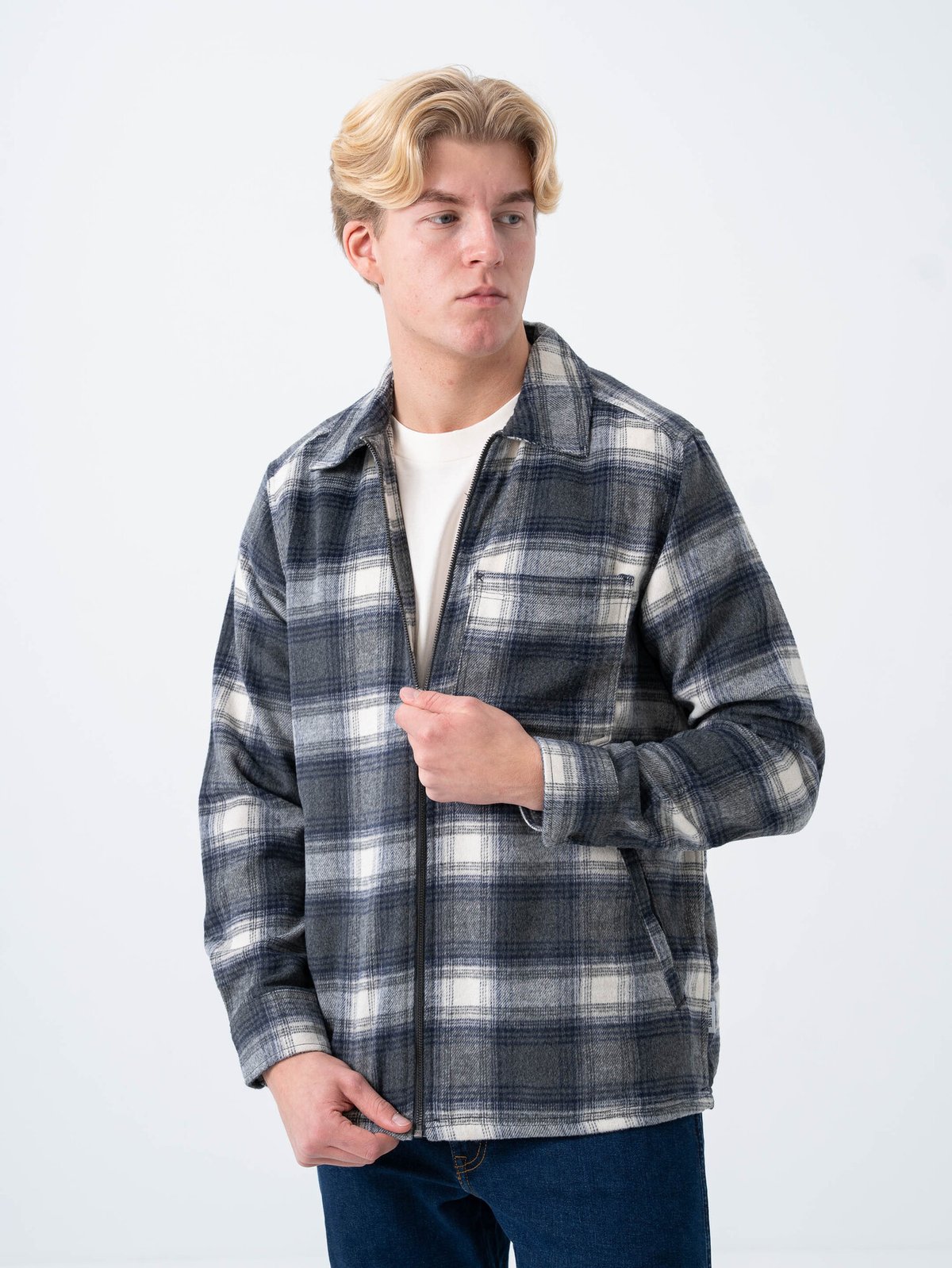 Only & Sons Austin Wool Zip Overshirt Grey Pinstripe Antique White