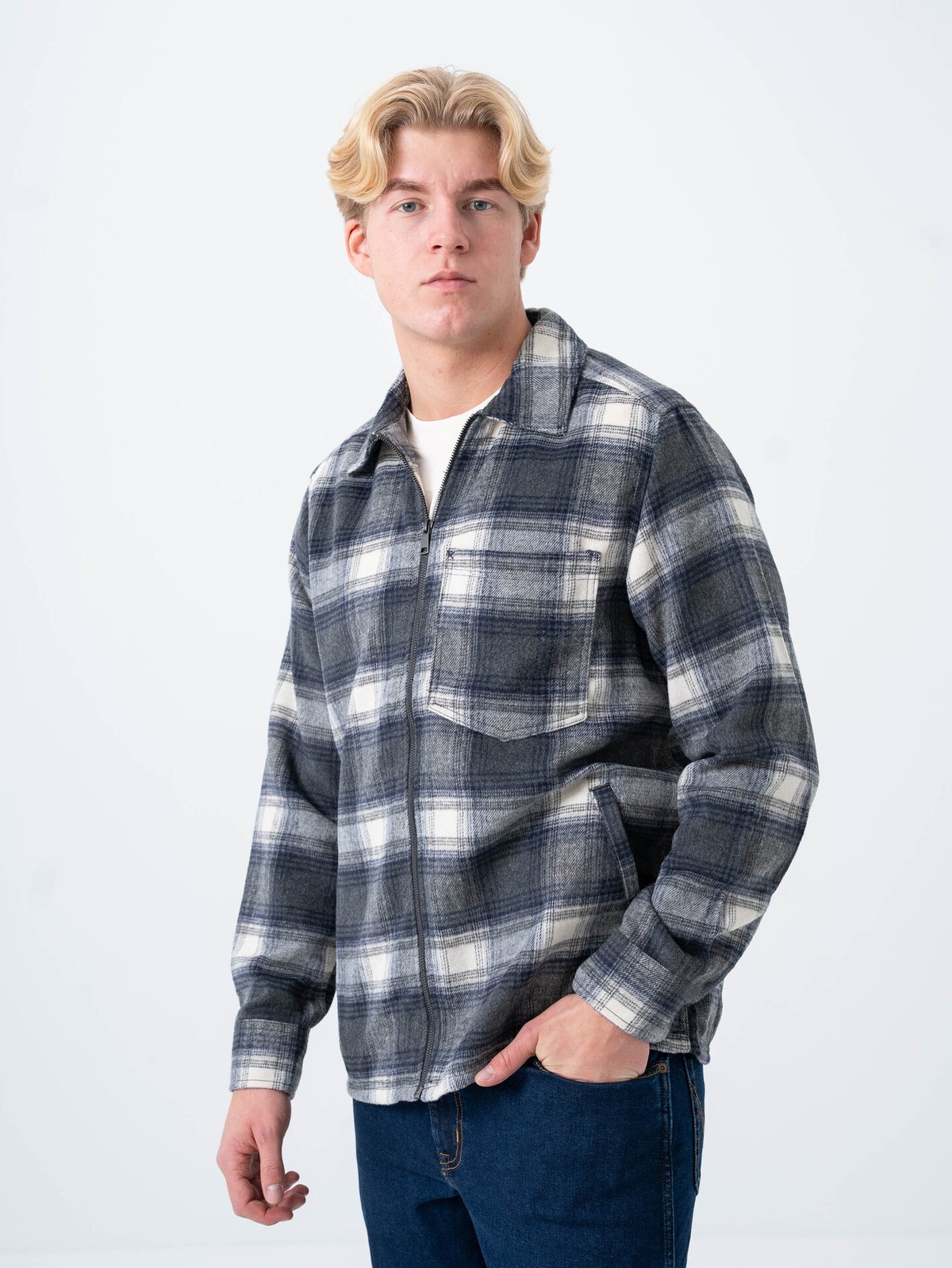 Only & Sons Austin Wool Zip Overshirt Grey Pinstripe Antique White