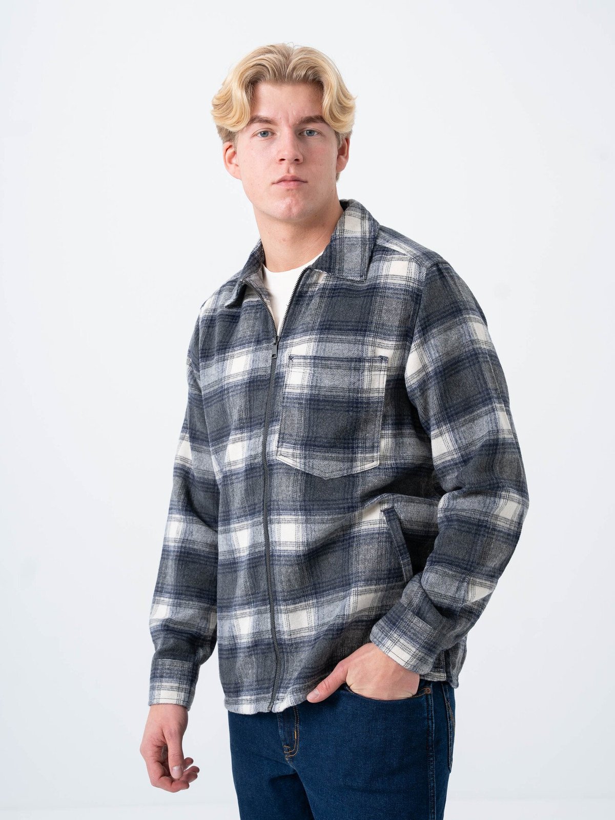 Only & Sons Austin Wool Zip Overshirt Grey Pinstripe Antique White