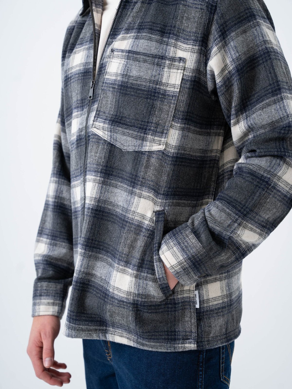 Only & Sons Austin Wool Zip Overshirt Grey Pinstripe Antique White