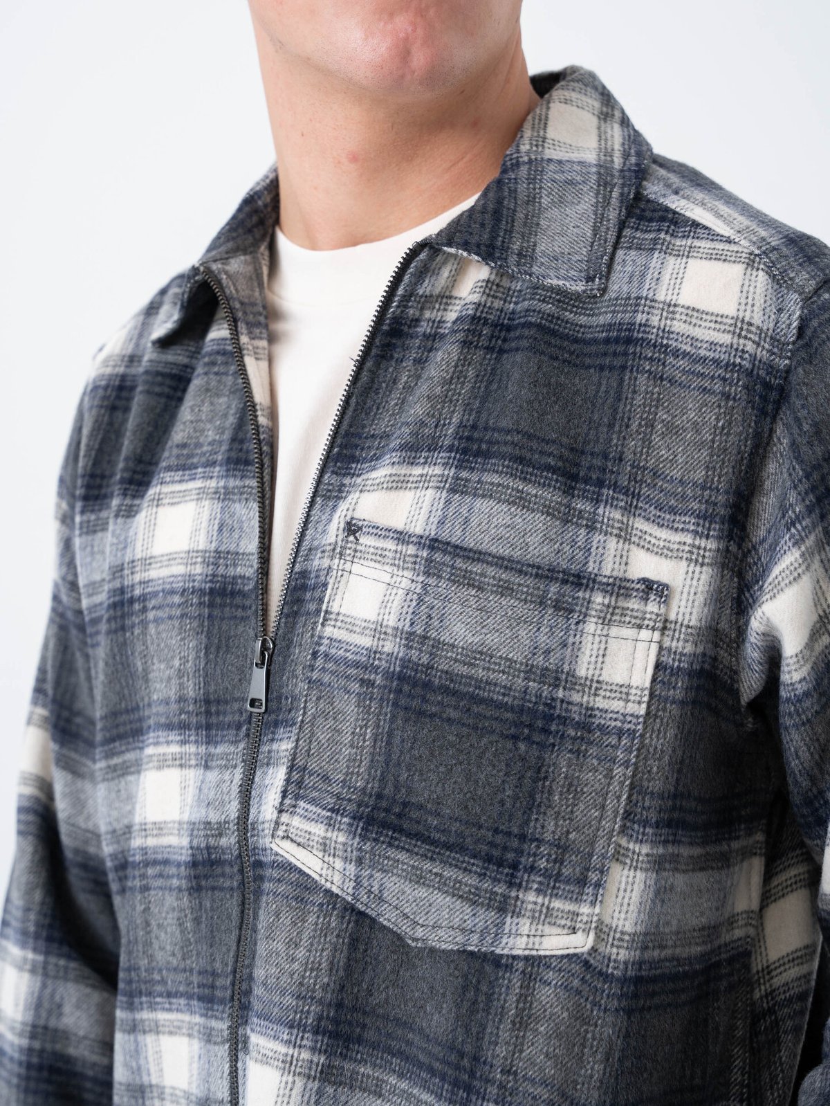 Only & Sons Austin Wool Zip Overshirt Grey Pinstripe Antique White