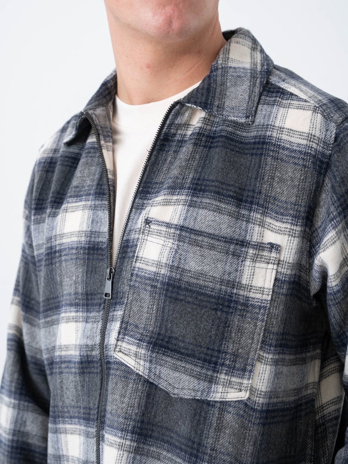 Only & Sons Austin Wool Zip Overshirt Grey Pinstripe Antique White