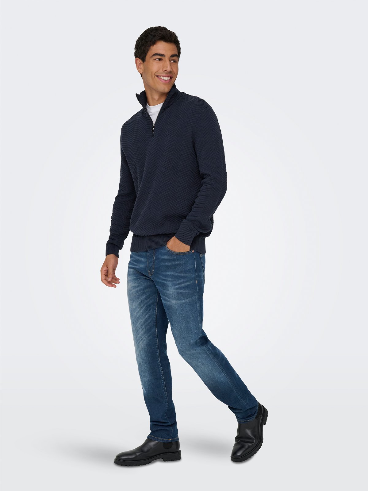 Only & Sons Herringbone Half Zip Knit Navy Blazer