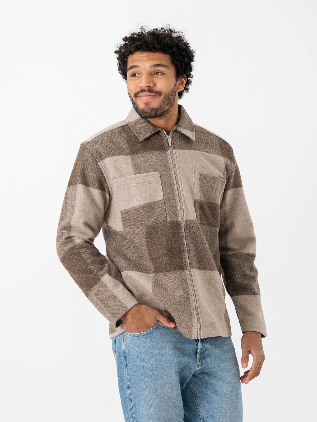Only & Sons Wake Checked Zip Overshirt Chinchilla