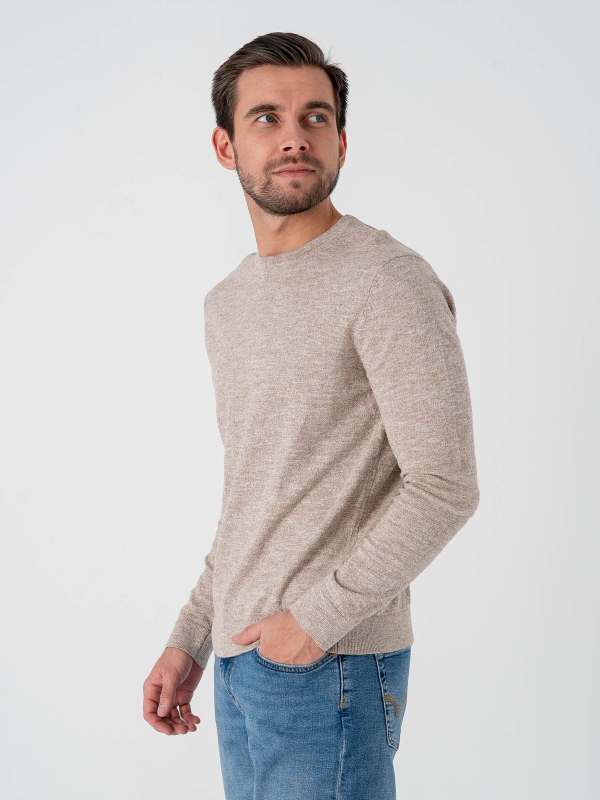 Only & Sons Tim Reg Long Sleeve Linen Crew Knit Desert Taupe / Cloud Dancer Twist