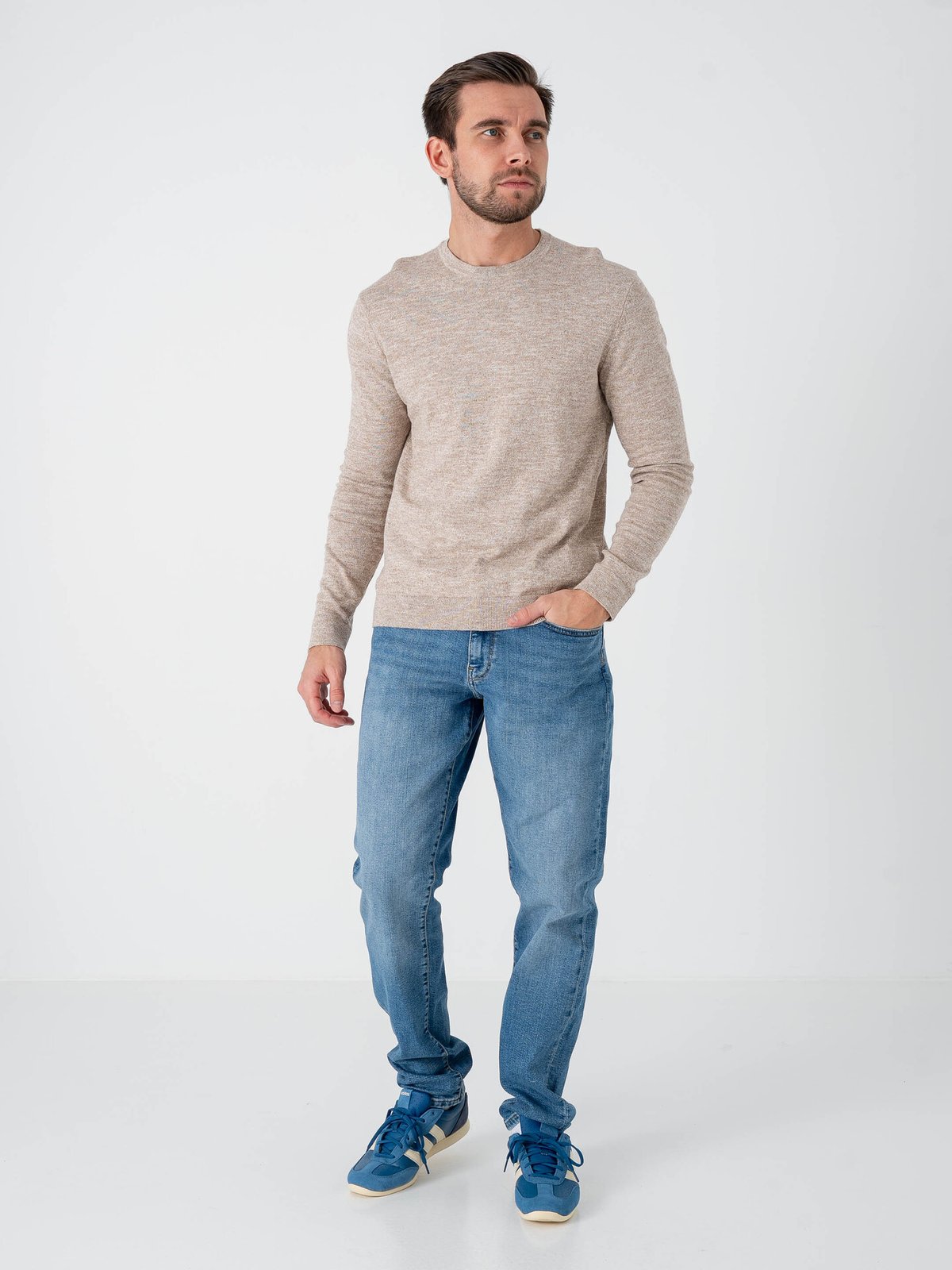 Only & Sons Tim Reg Long Sleeve Linen Crew Knit Desert Taupe / Cloud Dancer Twist