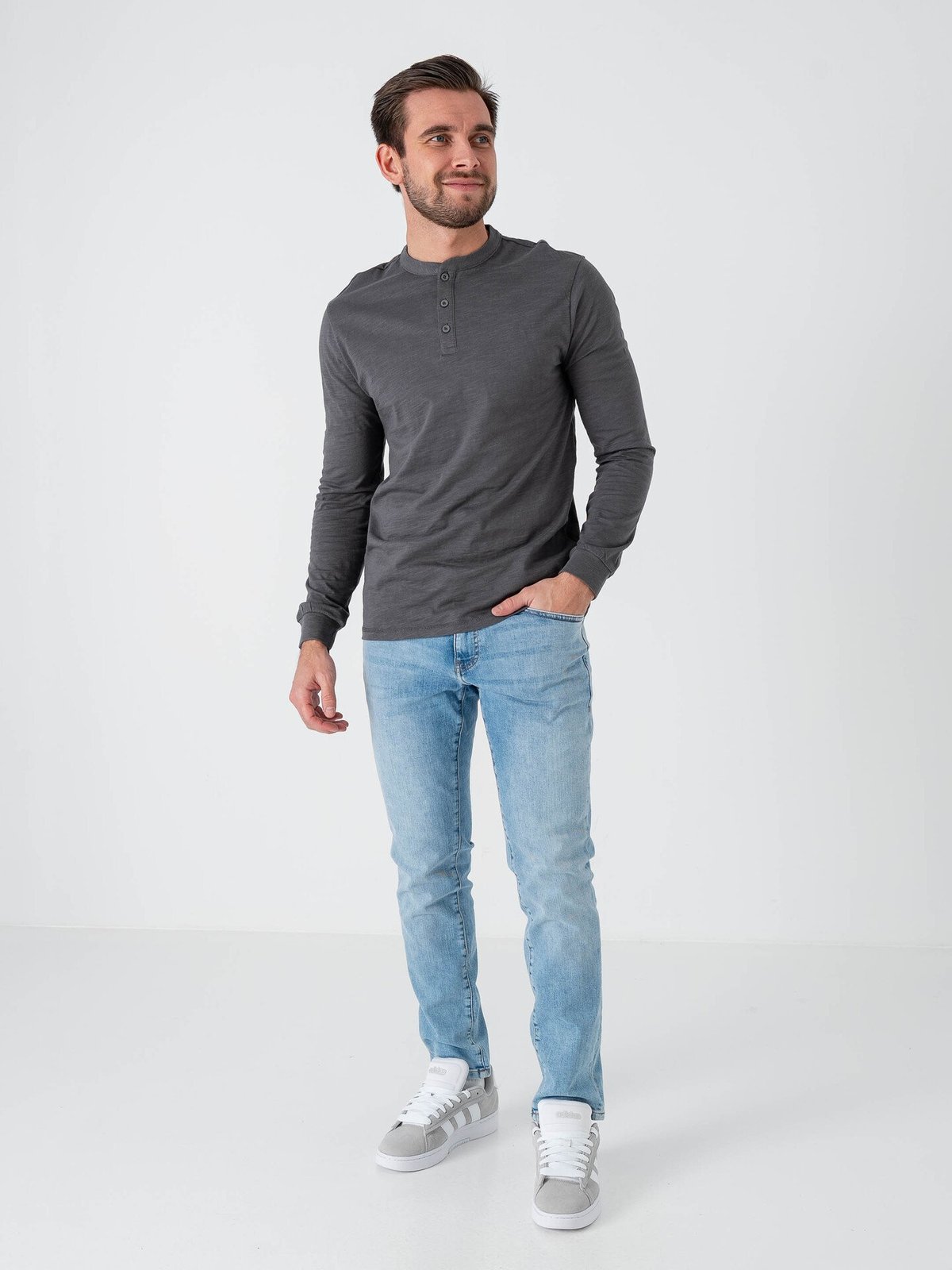 Only & Sons Benne Henley Regular Long Sleeve Tee Grey Pinstripe