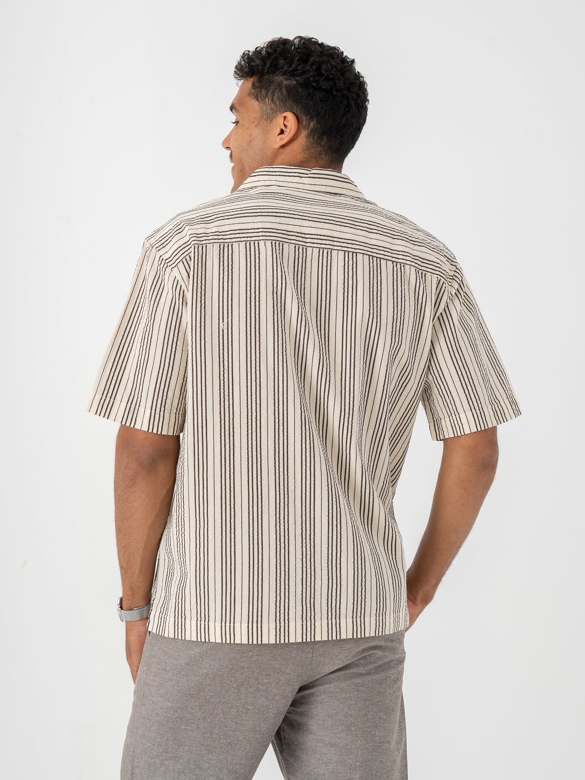 Only & Sons Cruz Relax Seersucker Resort Short Sleeve Shirt Antique White Black Coffee