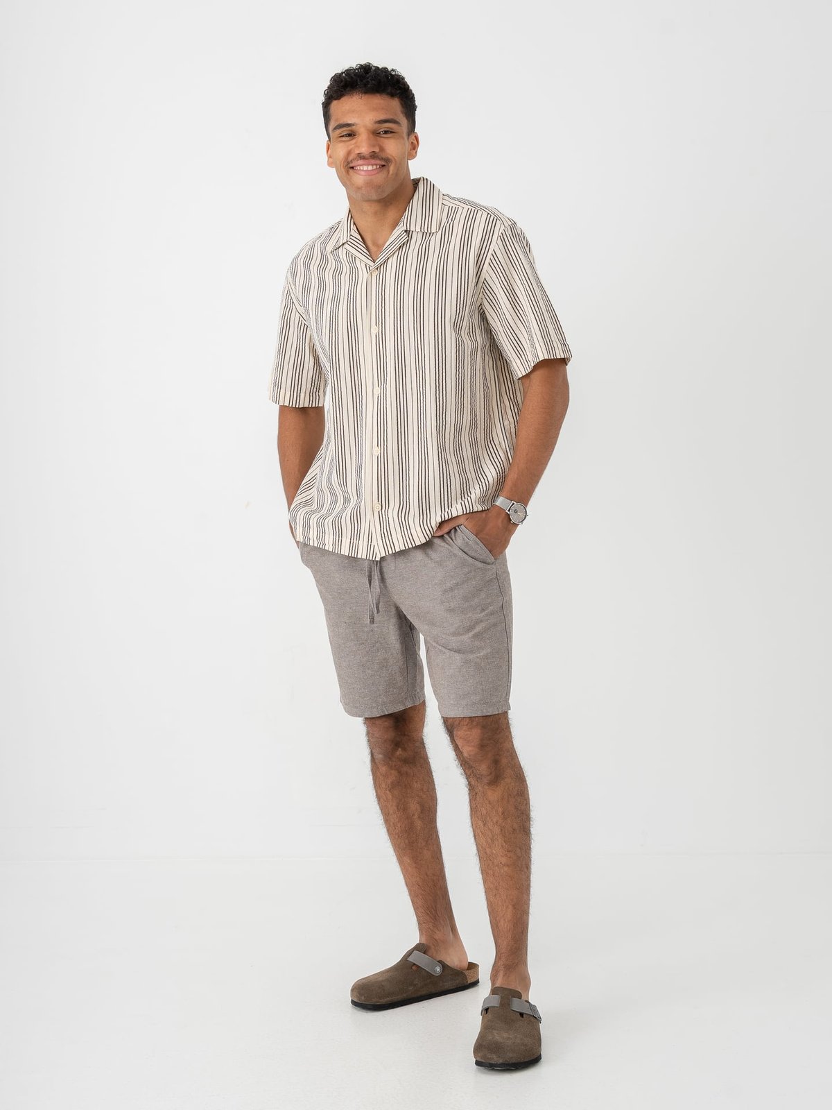 Only & Sons Cruz Relax Seersucker Resort Short Sleeve Shirt Antique White Black Coffee