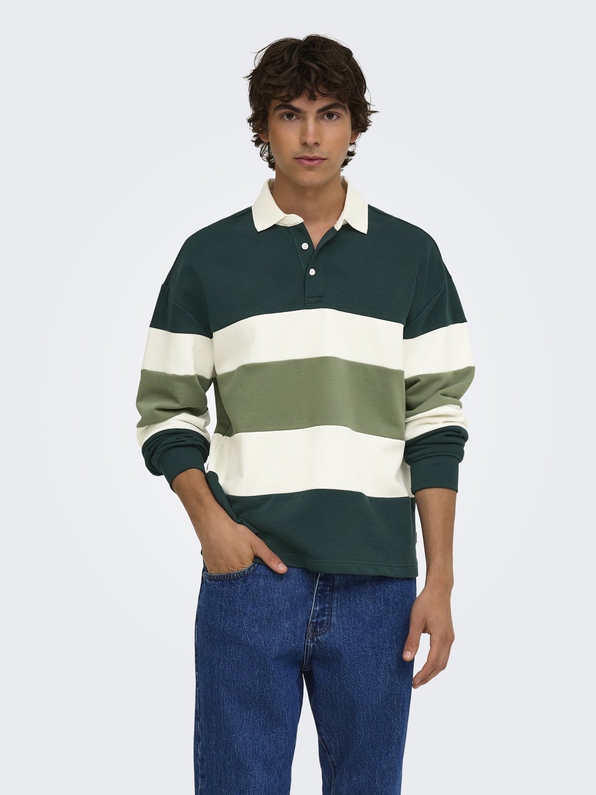 Only & Sons Benedict Long Sleeve Rugby Relax Sweat Polo Pine Grove BLOCK - SEAGRASS + EGRET