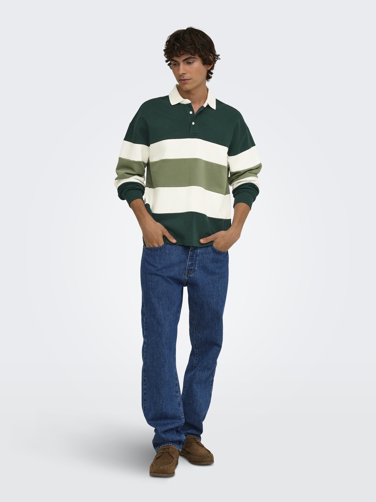 Only & Sons Benedict Long Sleeve Rugby Relax Sweat Polo Pine Grove BLOCK - SEAGRASS + EGRET