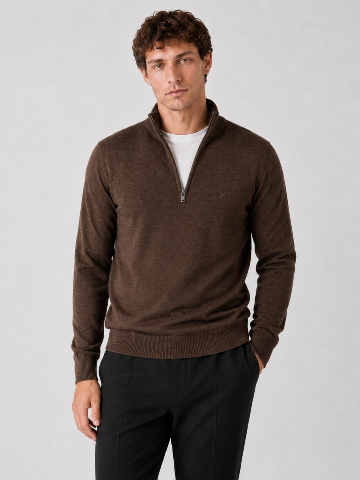 Clean Cut Copenhagen Merino Half-Zip Knit Brown melange
