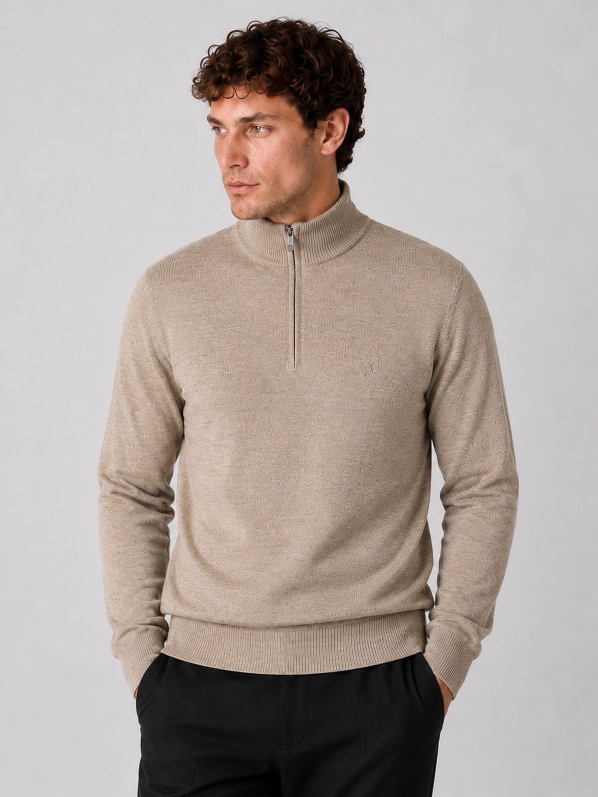 Clean Cut Copenhagen Merino Half-Zip Knit Dark beige melange