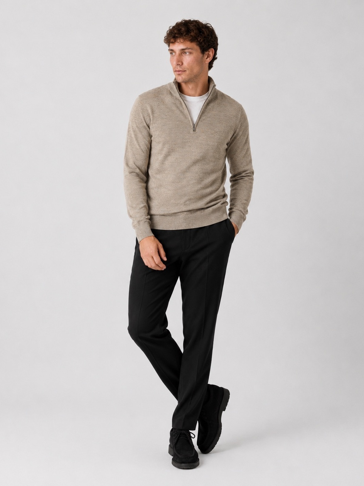 Clean Cut Copenhagen Merino Half-Zip Knit Dark beige melange
