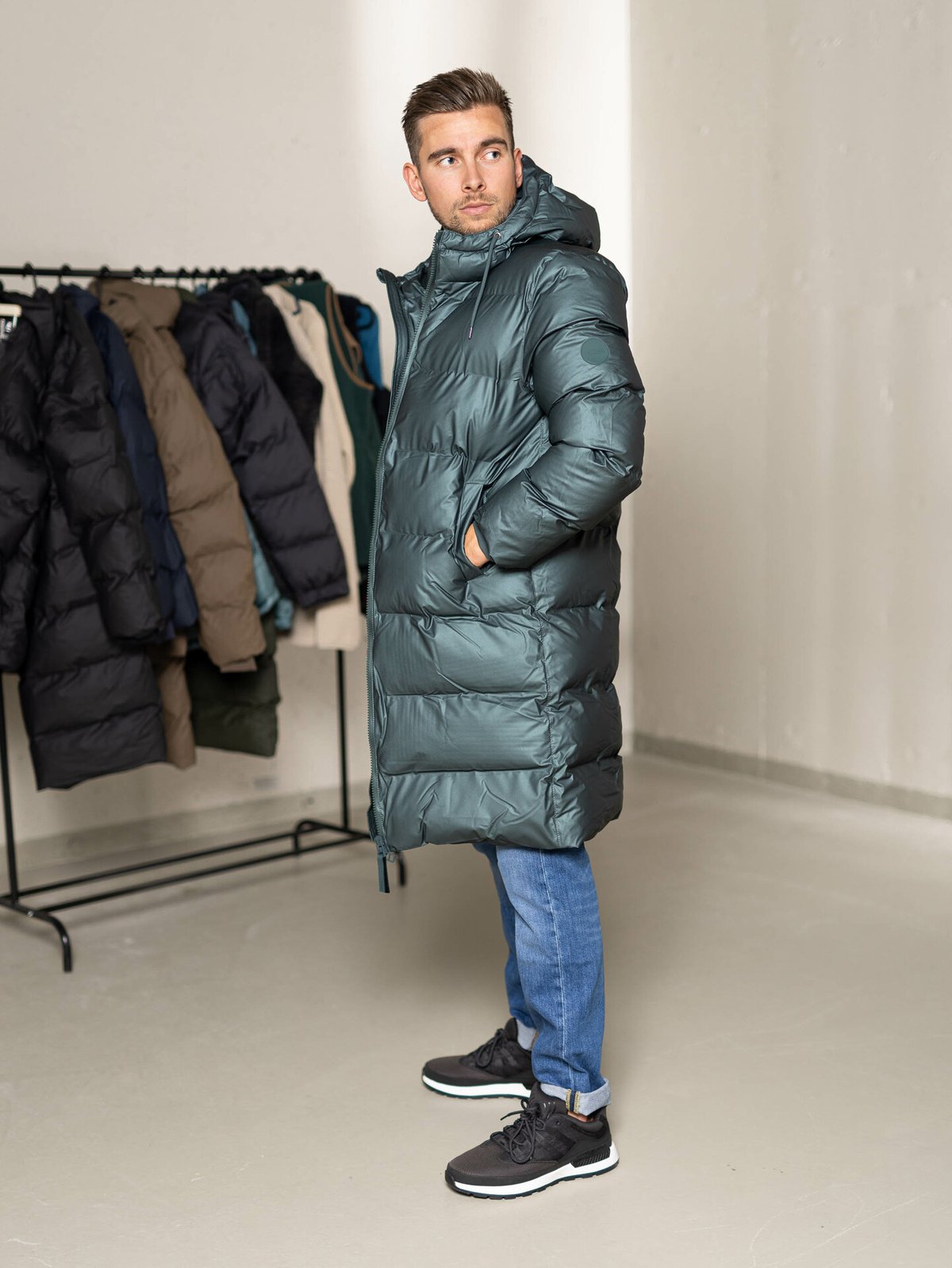 Rains Long Puffer Jacket Silver Pine