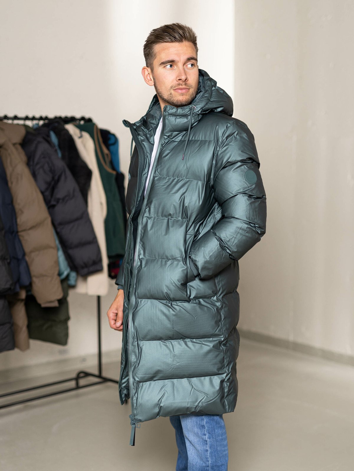 Rains Long Puffer Jacket Silver Pine