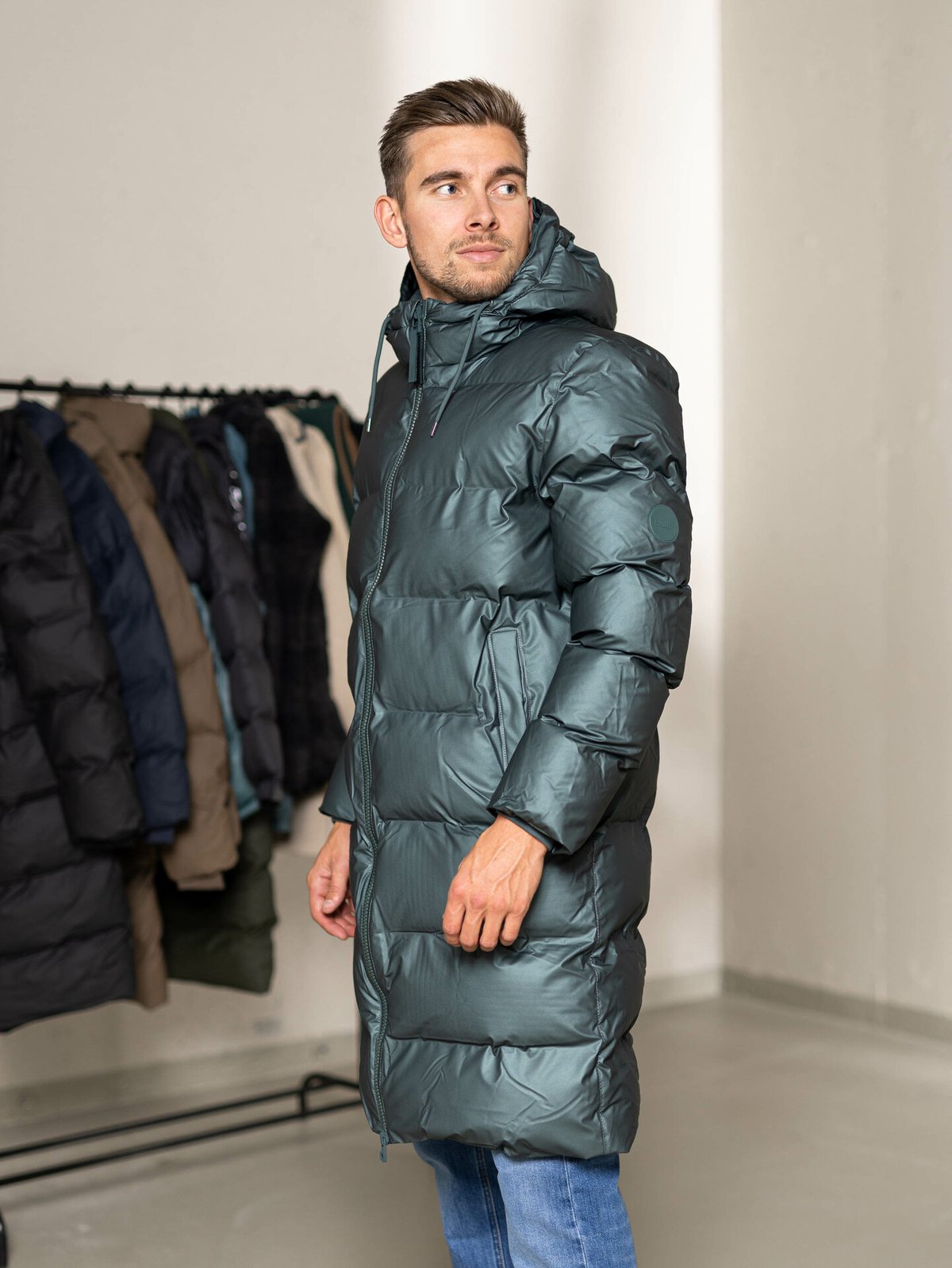 Rains Long Puffer Jacket Silver Pine