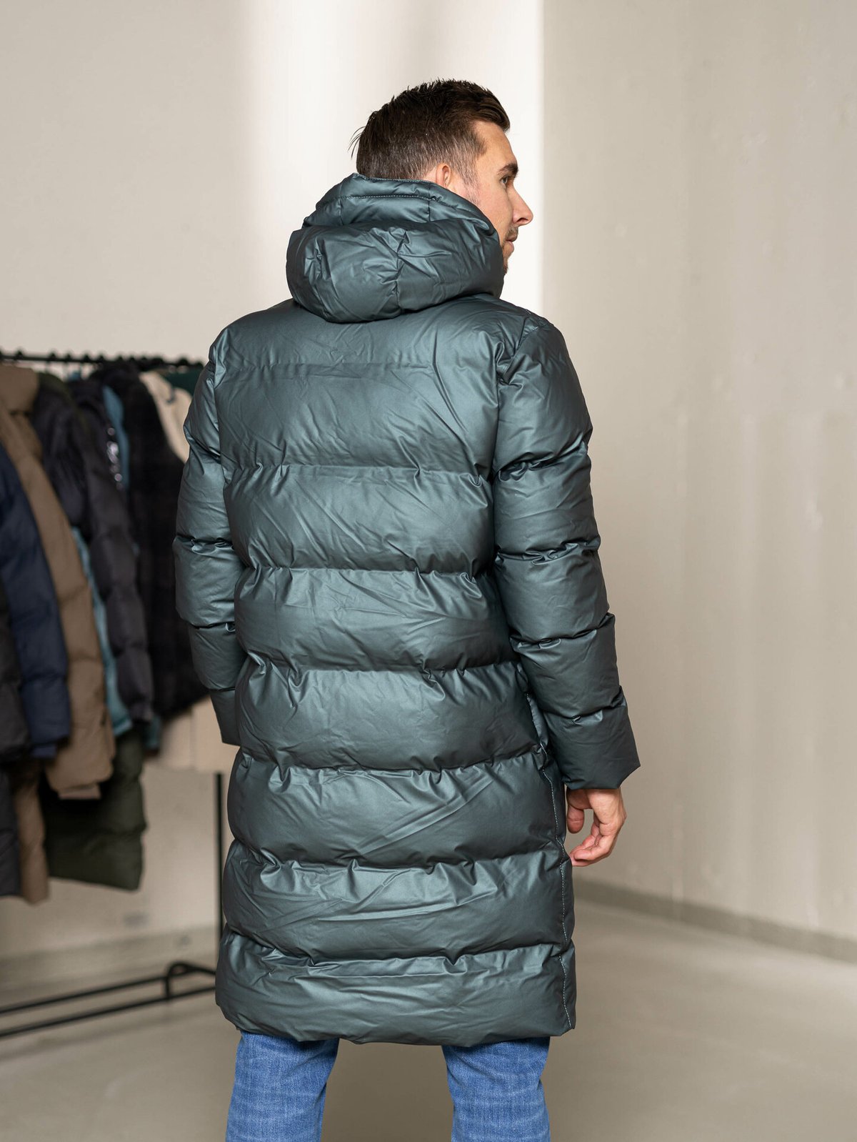 Rains Long Puffer Jacket Silver Pine