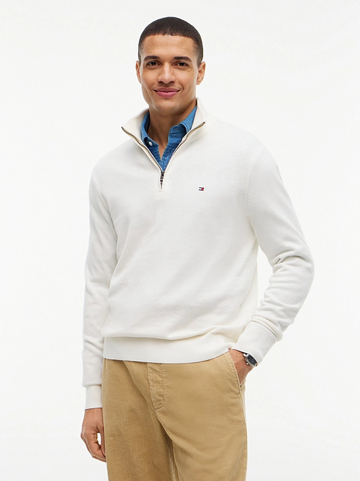 Tommy Hilfiger Pima Organic Cotton Cashmere Half-Zip Mock Ivory Petal
