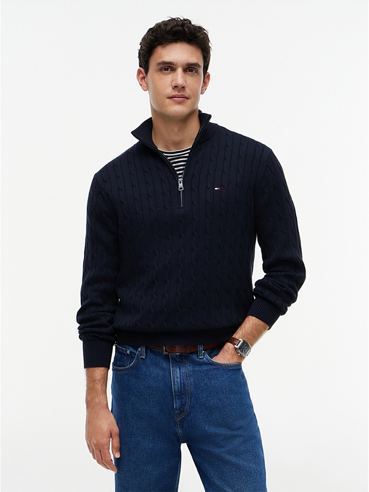 Tommy Hilfiger Classic Cotton Cable Zip Mock Navy Blue