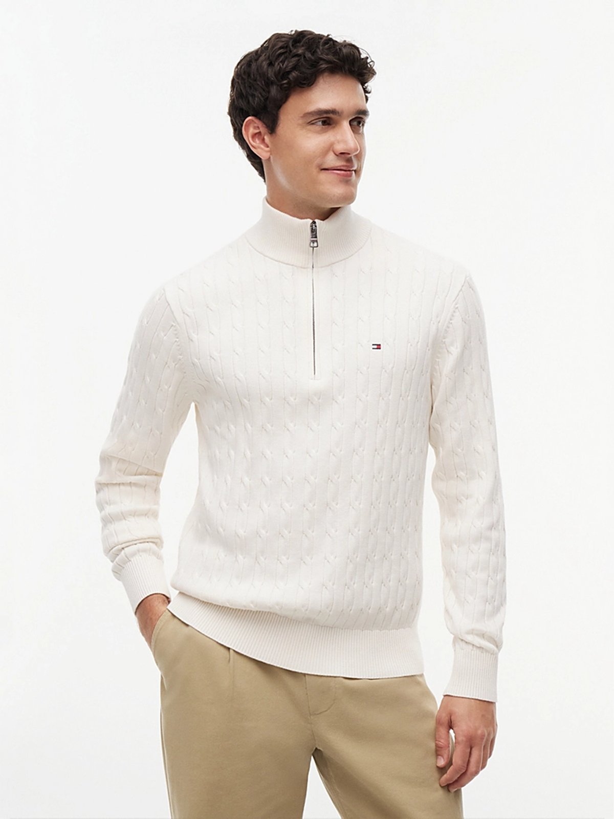 Tommy Hilfiger Classic Cotton Cable Zip Mock Ivory Petal