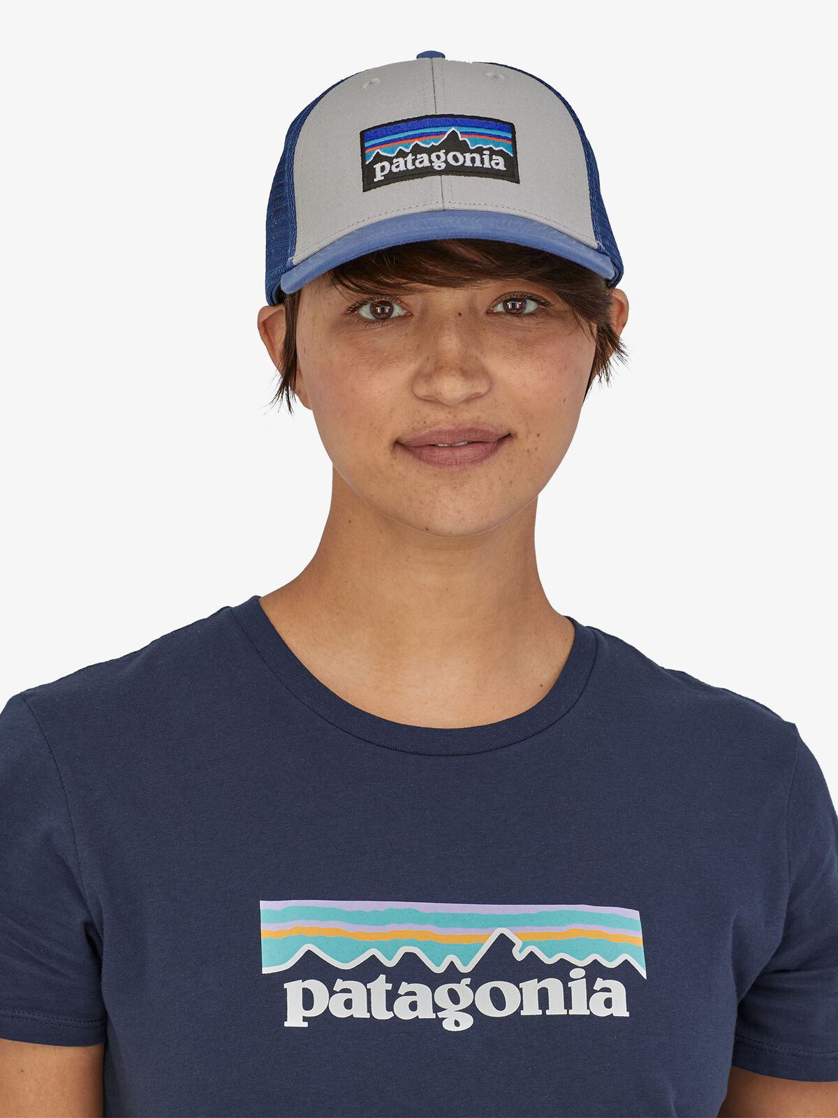 Patagonia P-6 Logo LoPro Trucker Hat Salt Grey w/Current Blue