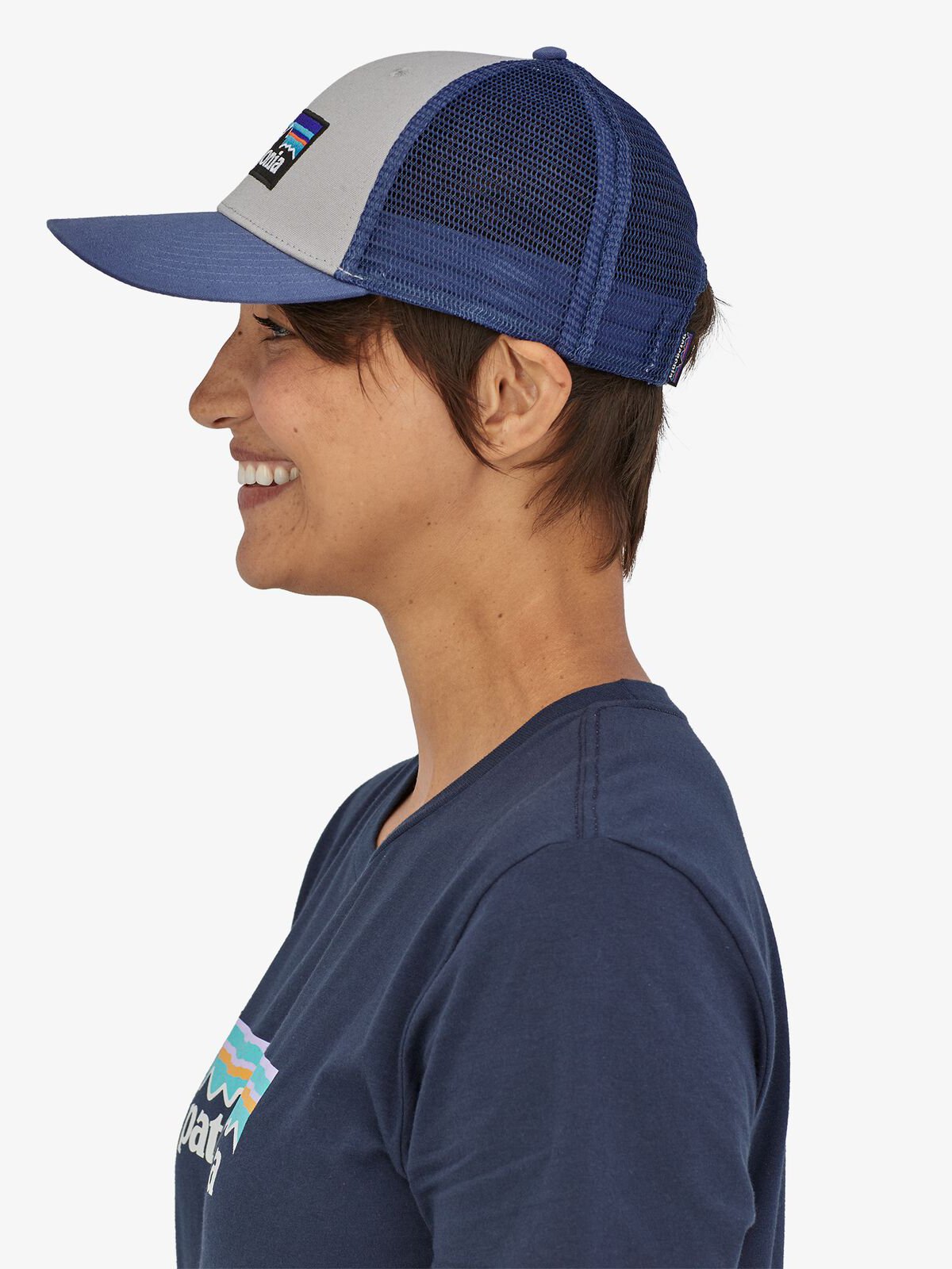 Patagonia P-6 Logo LoPro Trucker Hat Salt Grey w/Current Blue