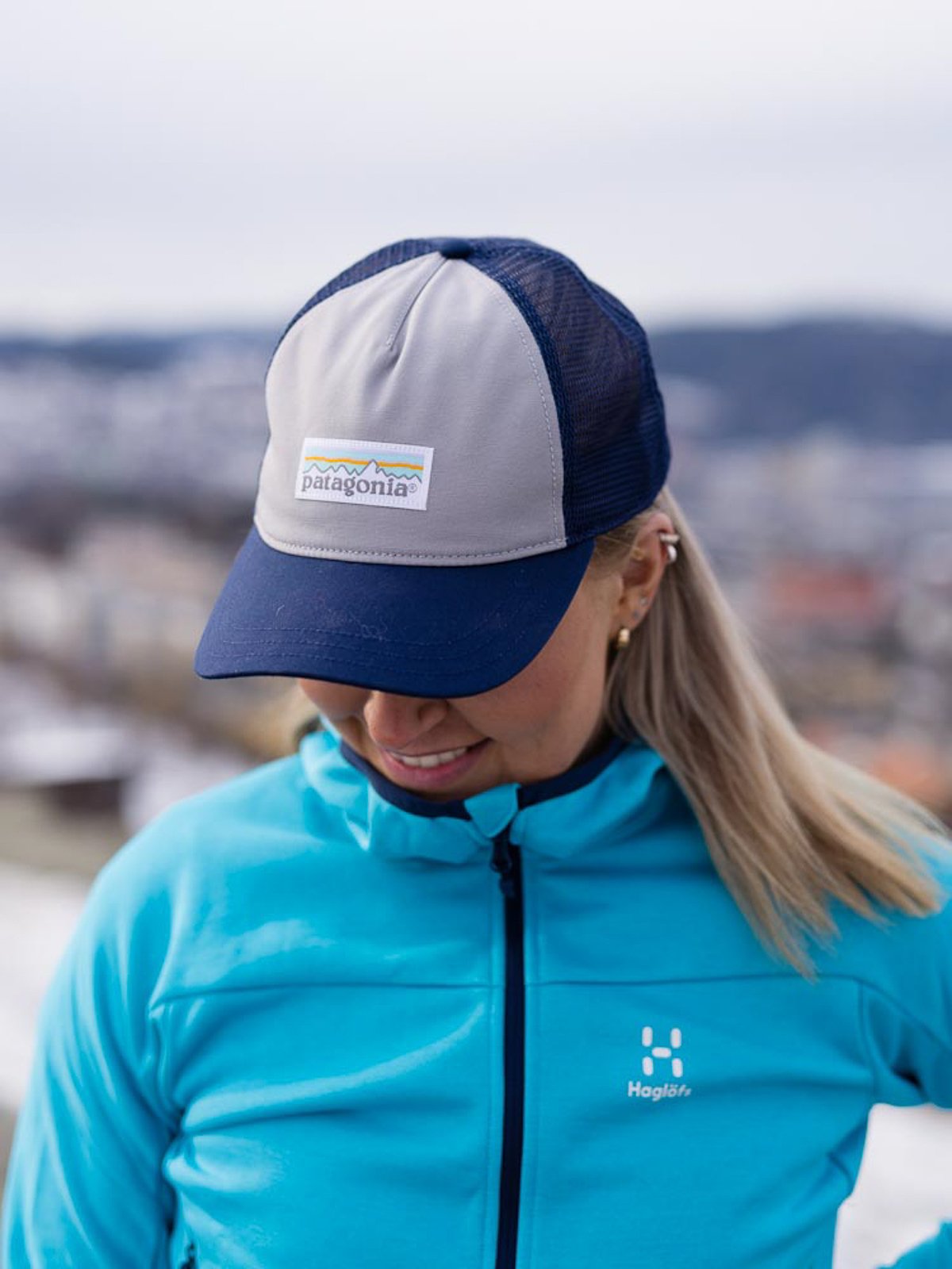 Patagonia Logo Organic Layback Trucker Hat Salt Grey w/New Navy