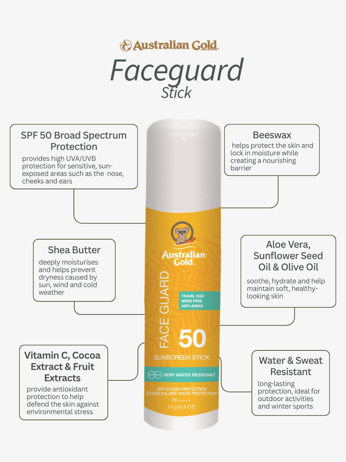 Australian Gold SPF 50 Face Guard Stick Flerfarget